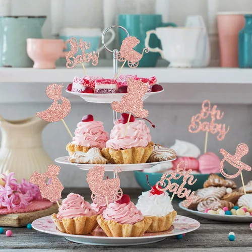 Miniatura 7 de Gyufise 36 piezas Adornos para cupcakes de baby shower con purpurina, chupete, carrito de bebé, oso, Oh Baby, púas para cupcakes para revelación