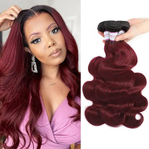 Miniatura 15 de 4 paquetes de cabello humano ondulado brasileño degradado borgoña T1B/99J, paquetes de cabello humano ondulado y húmedo para mujeres negras