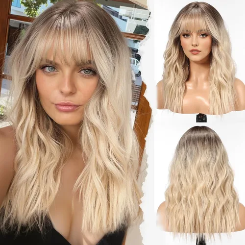 Miniatura 11 de HAIRCUBE Peluca larga con flequillo, pelucas sintéticas onduladas para mujer, color castaño rojizo