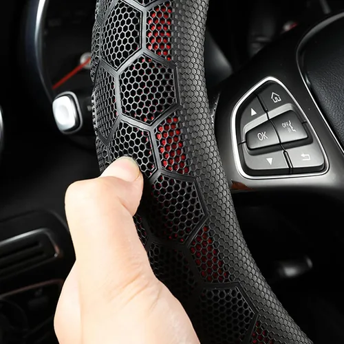 Miniatura 3 de Funda de volante roja de nido de abeja 3D, funda de volante de cuero transpirable y antideslizante de 37-38 cm para hombres y mujeres