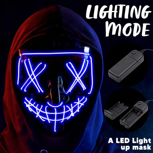 Miniatura 4 de JOYIN Máscara LED de Halloween, máscara de luz y guantes para disfraz de cosplay (azul), 3 modos de máscaras aterradoras que brillan en la oscuridad