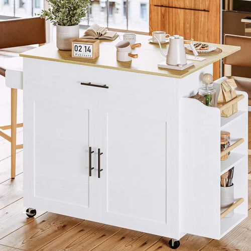 IRONCK Isla de cocina con almacenamiento, isla de cocina rodante con hoja abatible, 3 estantes abiertos para especias, gabinete con puerta, cajón,