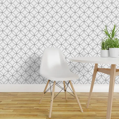 Miniatura 3 de Spoonflower Muestra de papel tapiz extraíble - Círculo moderno de cabaña gris blanco redondo enrejado de mediados de siglo Mod Papel pintado