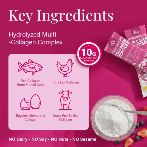 Miniatura 4 de Sunshine & Rain Polvo de péptidos de colágeno múltiple para mujeres, 0.35 onzas de colágeno hidrolizado tipo I, II, III, V y X con biotina, ácido