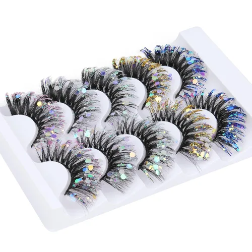 Miniatura 7 de Zegaine Pestañas postizas de colores con purpurina, 5 pares de pestañas dramáticas para festivales de ojo de gato, paquete de 5 estilos