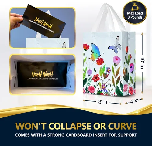 Miniatura 5 de Nush Nush Bolsas de regalo de mariposa con asas de tamaño mediano - Juego de 12 bolsas de regalo florales con brillante impresión holográfica
