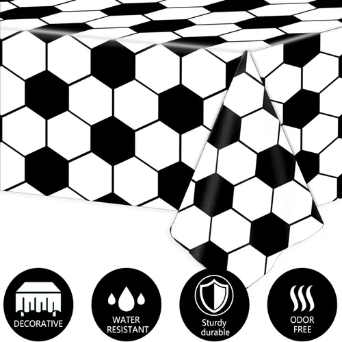 Miniatura 4 de Kesfey 3 paquetes de manteles para fiestas de fútbol 54 x 108 pulgadas, cubierta de mesa desechable impermeable de plástico con tema de fútbol
