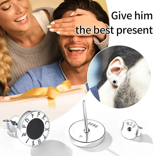 Miniatura 8 de ChicSilver Pendientes de tuerca de plata de ley 925 con runa vikinga de ónix negro natural para mujeres y hombres