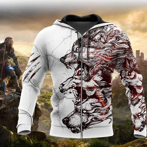 Miniatura 2 de Sudadera con capucha Viking Fenrir con estampado 3D de tres lobos grises Totem unisex