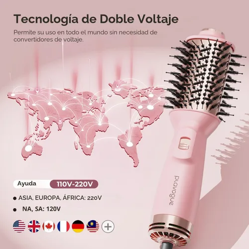 Miniatura 3 de PLAVOGUE Mini cepillo secador de pelo de doble voltaje, cepillo de aire caliente de viaje de 700 vatios con enchufe europeo, secador iónico de un