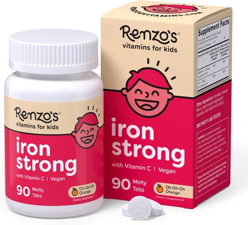 Renzo's Suplementos de hierro para niños, suplemento de hierro vegano soluble para niños, suplementos de hierro sin azúcar para niños, sabor naranja