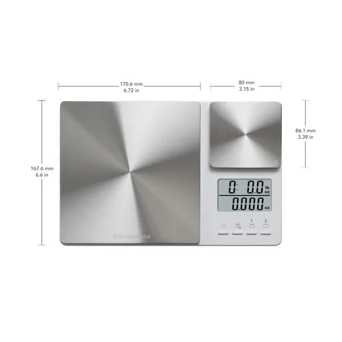 Miniatura 2 de KitchenAid KQ909 Báscula digital de cocina y alimentos de doble plataforma, capacidad de 11 libras y precisión de 16 onzas, color blanco con acero