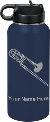 Miniatura 56 de LaserGram Botella de agua personalizada, trombón, acero inoxidable de doble pared aislada al vacío con popote superior, regalo grabado personalizado