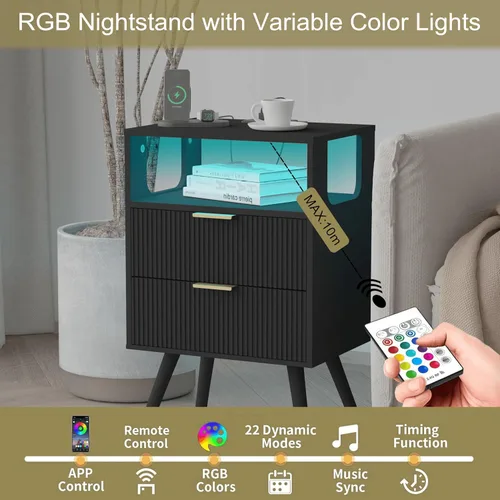 Miniatura 5 de JOONEE - Mesita de noche negra con estación de carga y luces LED, mesa de noche moderna con 2 cajones de almacenamiento y estante de madera abierto