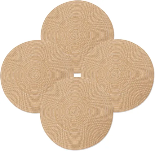 Miniatura 8 de Juego de 6 manteles individuales redondos trenzados, lavables, antideslizantes, para cocina, comedor, 15 pulgadas, resistentes al calor, tela Beige