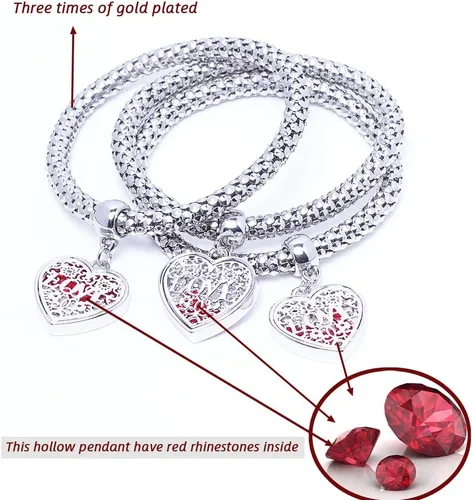 Miniatura 2 de SILANER Pulseras multicapa con dijes de cristal, 3 pulseras de cadena de maíz de oroplataoro rosa para mujer, pulsera elástica en forma de corazón