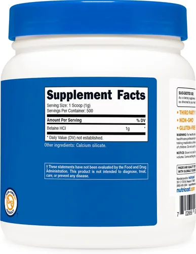 Miniatura 5 de Nutricost Betaína HCl en polvo 17.64 oz, sin gluten, sin OMG