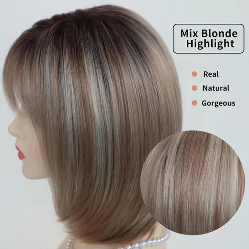 Miniatura 5 de RENERSHOW Pelucas rubias en capas para mujeres blancas con flequillo, peluca de pelo corto lacio, peluca sintética de color rubio degradado