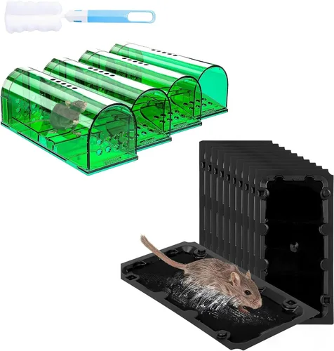 4 trampas para ratones humanas que no matan, trampas para ratones vivos y paquete de 10 trampas adhesivas para ratones para interiores, trampas para