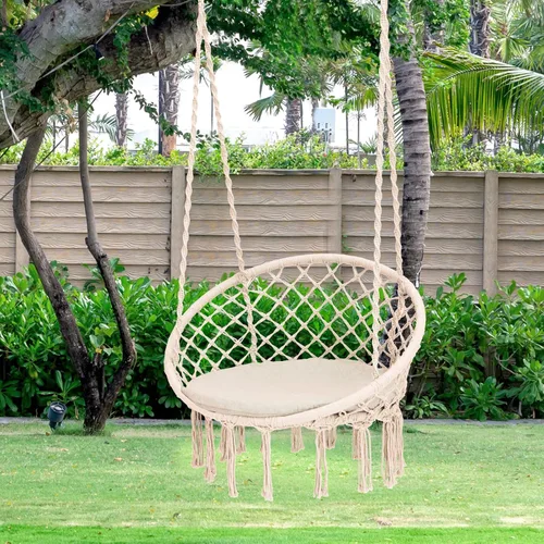 Miniatura 3 de Tangkula Silla hamaca con cojín, estilo bohemio de macramé con kit de accesorios para colgar y correa, columpio de cuerda colgante para interiores