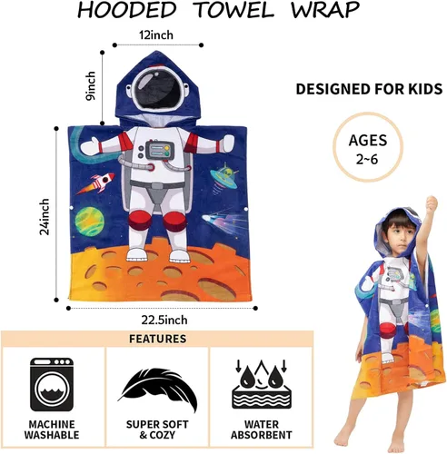 Miniatura 5 de Toalla con capucha 100% algodón para niños de 2 a 6 años, niños y niñas, toalla de baño, piscina, playa, suave, absorbente, poncho de playa, pequeño