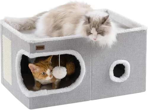 Miniatura 11 de Garnpet Cama para Gatos de Interior Casa Cubo, Camas de Cueva para Gatos Cubierta y Muebles con Almohadilla Rascadora y Tienda Refugio, Lindo Gris