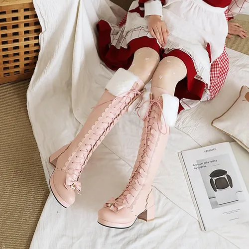 Miniatura 5 de Botas altas hasta la rodilla con plataforma para mujer, con lazo de invierno, con cremallera, botines largos Kawaii