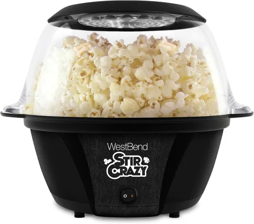 West Bend Stir Crazy Máquina de hacer palomitas de maíz con aceite caliente, máquina para hacer palomitas de maíz con tapa grande para servir y vara