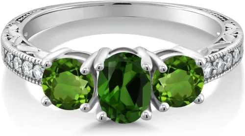 Miniatura 17 de Gem Stone King Anillo de compromiso de 3 piedras preciosas de oro blanco de 10 quilates con piedra natal y diamantes cultivados en laboratorio