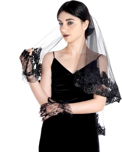 Miniatura 5 de choyaxo Velo de novia de encaje negro, velo de novia de encaje floral, velo de Halloween con peine y guantes cortos de encaje negro para mujeres