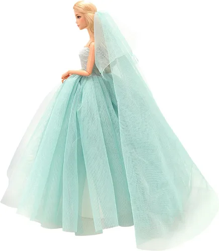 Miniatura 6 de BARWA Vestido de novia azul claro con velo, vestido de princesa para fiesta nocturna, vestido de gala azul claro para muñeca de 29 cm