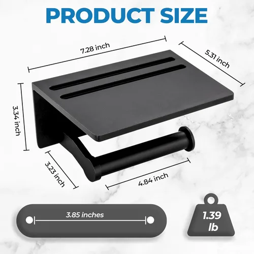 Miniatura 5 de Portarrollos de papel higiénico con estante, aluminio negro resistente a la oxidación con estante de almacenamiento para teléfono móvil para baño