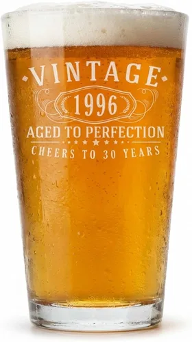 Vaso de pinta grabado vintage de 1996 de 16 onzas – Regalos de feliz cumpleaños 30 para hombres y mujeres, saludos a cumplir 30 años de edad,
