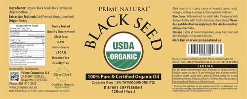 Miniatura 7 de Aceite de semilla negra orgánico Prime Natural 120 mL - Prensado en frío sin refinar, alto contenido de timoquinona 1.7%, certificado USDA - Origen