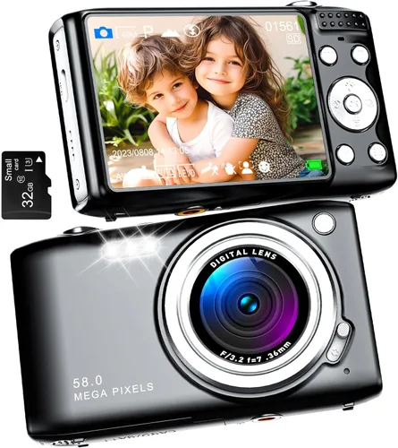 Cámara digital FHD 1080p, cámara de videoblogs 4K para YouTube con enfoque automático, cámaras de 16X para fotografía con tarjeta de 32GB, cámara de