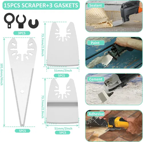 Miniatura 3 de 15 cuchillas de raspador oscilantes para quitar calafatear, sellador adhesivo, pintura, cuchillas oscilantes multiherramienta compatibles