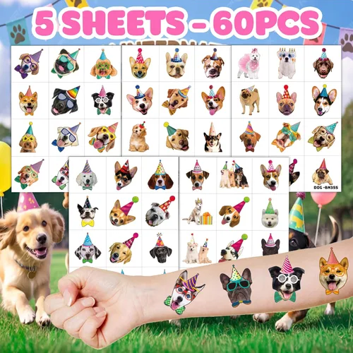 Miniatura 2 de Calcomanías temporales de tatuajes para perros para niños, 60 piezas de lindos tatuajes temporales de cachorros para niños y niñas, recuerdos