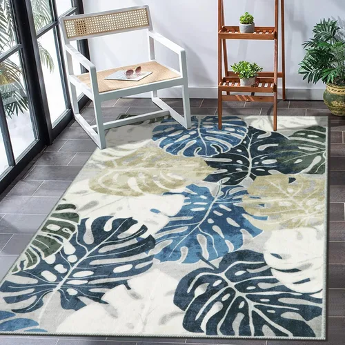 Miniatura 9 de Wonnitar Leaf - Alfombra de cocina de 2x3 pies, alfombra azul pequeña para baño, alfombra decorativa lavable para mesita de noche, planta