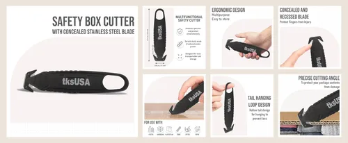 Miniatura 9 de Cortador de caja de seguridad. tksUSA here, tu cortador inoxidable, abridor de paquetes de acero. Paquete de cuchillos de seguridad con cuchilla