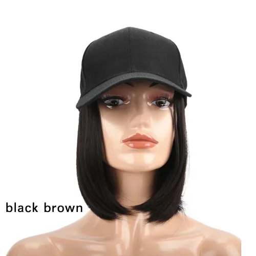 Miniatura 3 de Extensiones de cabello sintético Bobo corto con gorra de béisbol negra de 9 pulgadas, peluca con gorro de cabello negro y marrón para mujer, peluca