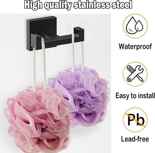 Miniatura 3 de BOZWELL Ganchos dobles para toallas para baño, montaje en pared, color negro mate, estilo cuadrado simple y moderno, gancho para bata, colgador