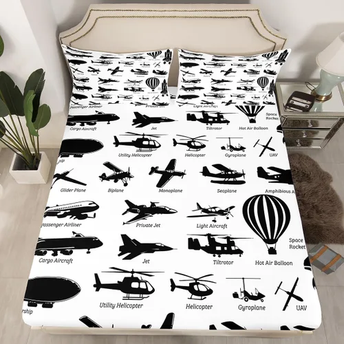 Miniatura 10 de Erosebridal Juego de sábanas de avión para niños, tamaño individual, color amarillo, rojo, verde azulado, con estampado de aviones de dibujos