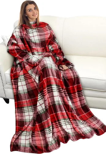 Miniatura 12 de Catalonia Manta con estampado navideño con mangas y bolsillo, acogedora manta de forro polar suave de visón, manta de microfelpa para mujeres y Elfo