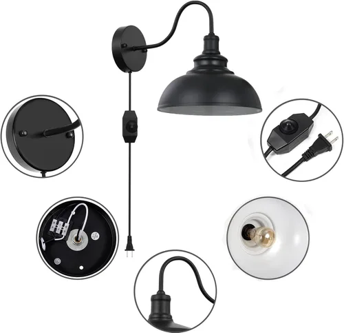 Miniatura 4 de Apliques de pared industriales de cuello de cisne negro con base E26 con interruptor de atenuación de intensidad de estilo vintage para casa