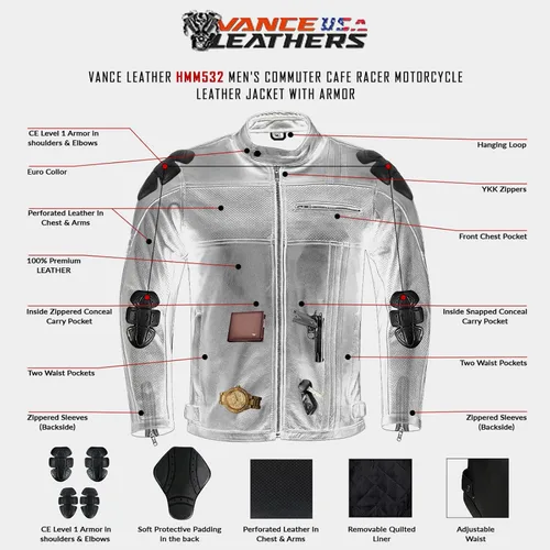 Miniatura 5 de Vance Leather s' Commuter Cafe Racer - Chaqueta de cuero para motocicleta con armadura para hombre