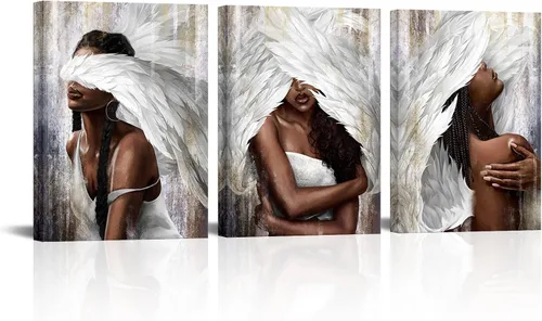 sechars Lienzo artístico de pared de ángel, mujer negra con alas de ángel, impresiones de pintura moderna afroamericana, arte abstracto de niña para