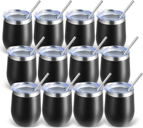 Miniatura 42 de Volhoply - Juego de 12 vasos de vino de 12 onzas con tapa, hechos de acero inoxidable con aislamiento al vacío de doble pared, vasos de vino sin Rosa