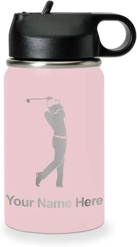 Miniatura 78 de LaserGram Botella de agua personalizada, golfista de golf, acero inoxidable de doble pared aislada al vacío con popote superior, regalo grabado Negro