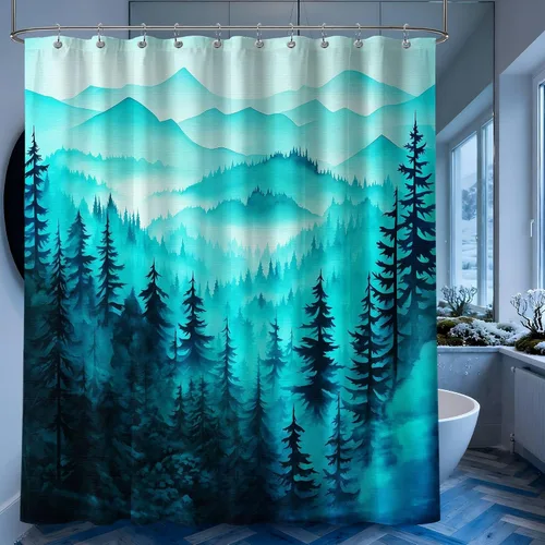 Miniatura 24 de Cortina de ducha azul marino de bosque Cortina de ducha azul oscuro de montaña y naturaleza para decoración de baño de hombres, tela impermeable