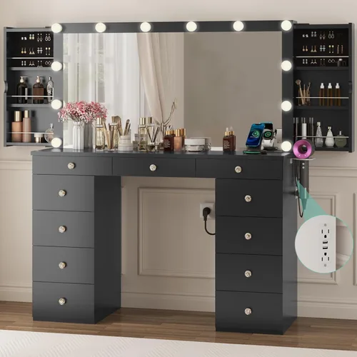Likein Escritorio de tocador con espejo y luces, tocador negro con armario de almacenamiento de joyas, tocador de maquillaje para dormitorio con 11